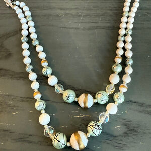 Women's White & Light Green Beaded Double Strand Necklace